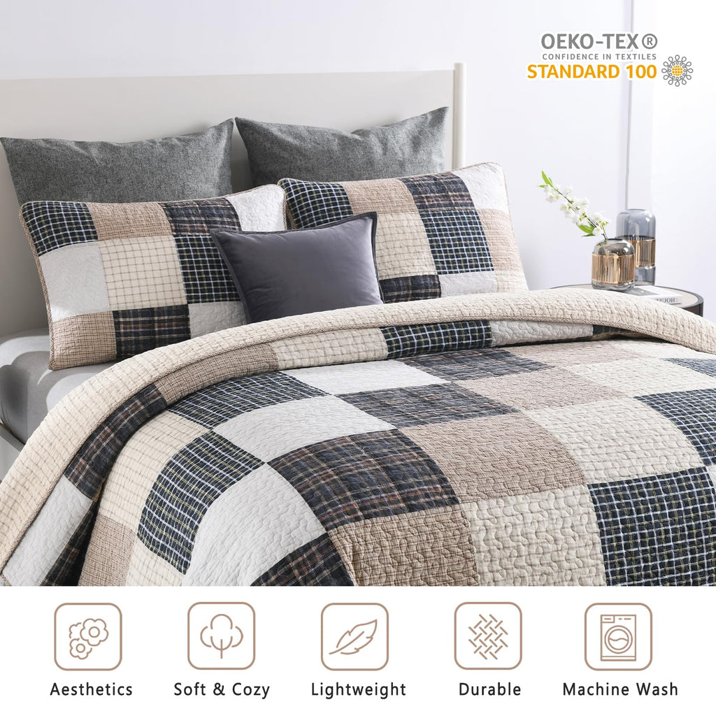 Quilt, Patchwork Plaid Quilt Set/Brown/Beige/Charcoal