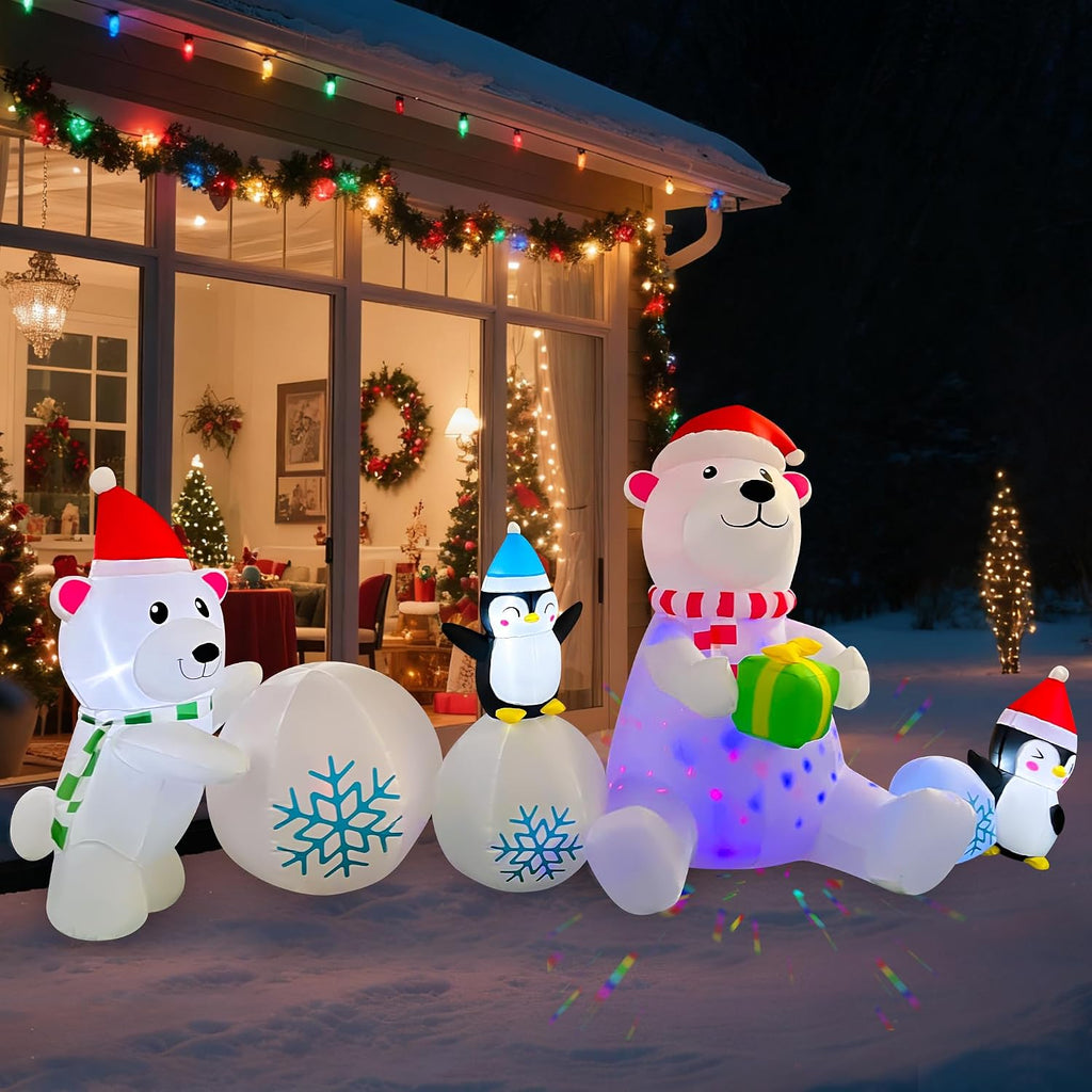 10 FT Long Christmas Inflatable Polar Bear Snowball Decoration, Colorful Rotating Lights Blow Up Xmas Polar Bear with