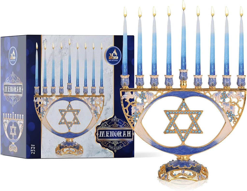Hanukkah - Fits All Standard Chanukah Candles - Modern Jeweled Candle Menorahs for Chanukah - Blue Traditional Star