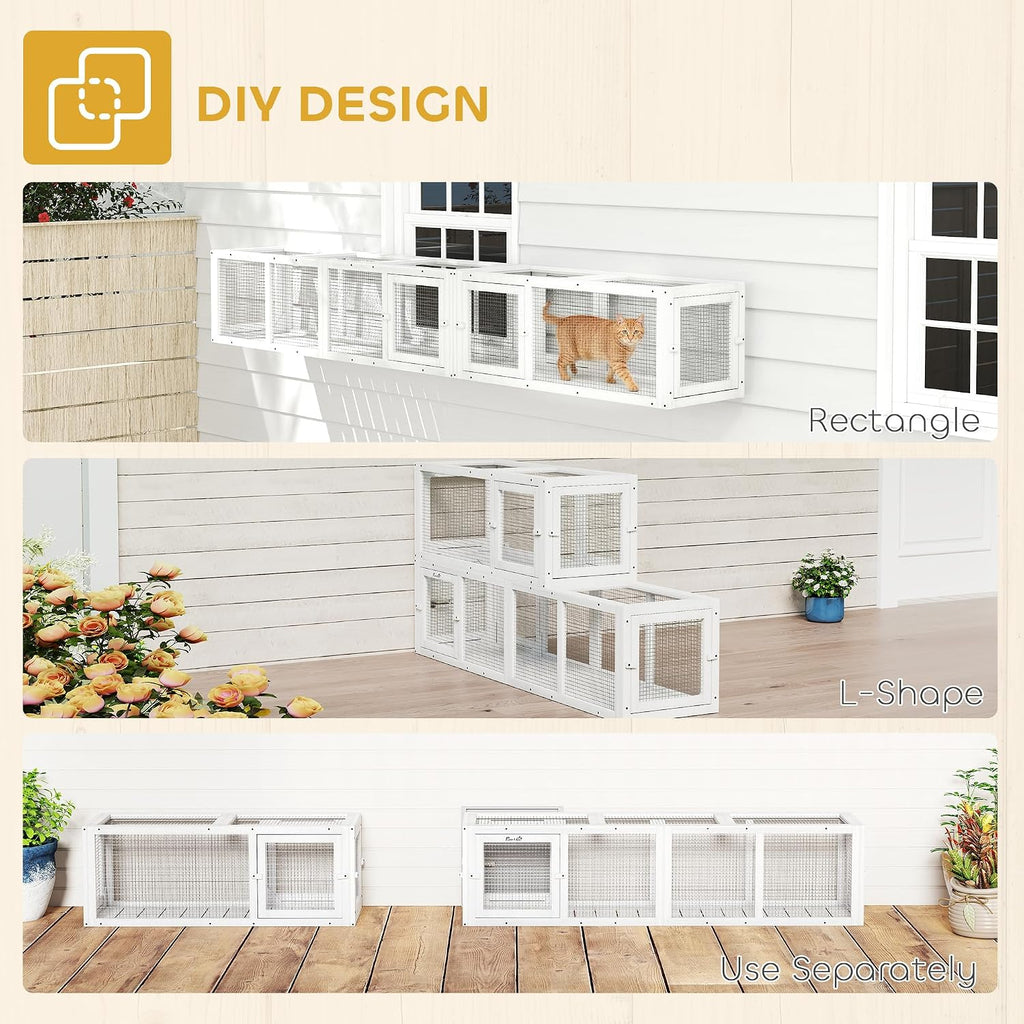 Outdoor Cat Tunnel w/Extendable Design 98" L Wooden Cat Run White