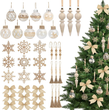 Boho Christmas Ornaments, Neutral Rustic Tree Decorations - Set of 39