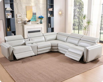 Oversized Power Recliner Sectional Sofa, Leather Recliner Sofa, Light Grey