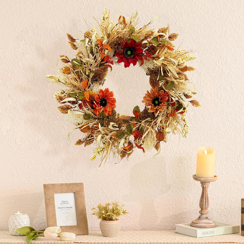 24 Inch Fall Wreaths for Front Door with Sunflowers and Raffia