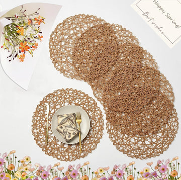 Brown Round Placemats for Dining Table, 15 Inch Paper Woven Boho Decorative Circle Place Mat for Wedding - Set of 6
