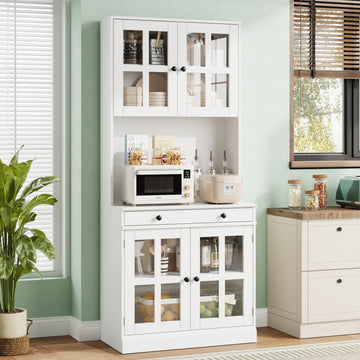 72 Inch Kitchen Pantry Cabinet with Glass Doors, Drawer and Adjustable Shelves, Farmhouse Tall Storage Cabinet with
