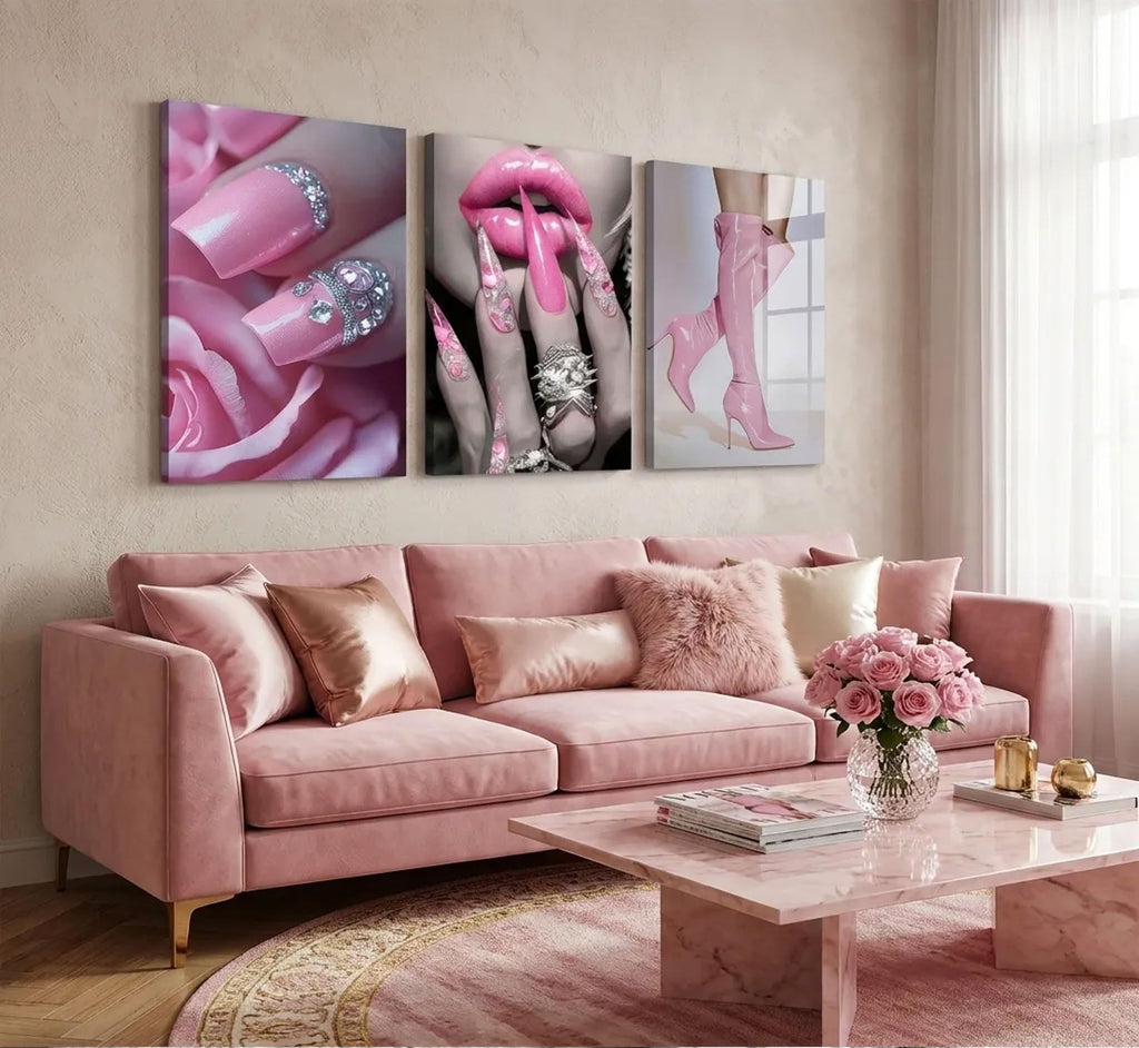 3Pcs Fashion Pink Women's Wall Art Canvas Wrapped 16x24in