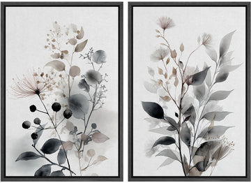 Framed Canvas Print Wall Art Set Neutral Botanical Watercolor Monochrome Leaves and Flowers Illustrations Modern Art