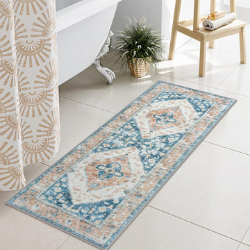 Blue Long Bathroom Rug Boho Tribal Bathroom Rug Runner Soft Plush Machine Washable Bath Mats Non-Slip Oriental
