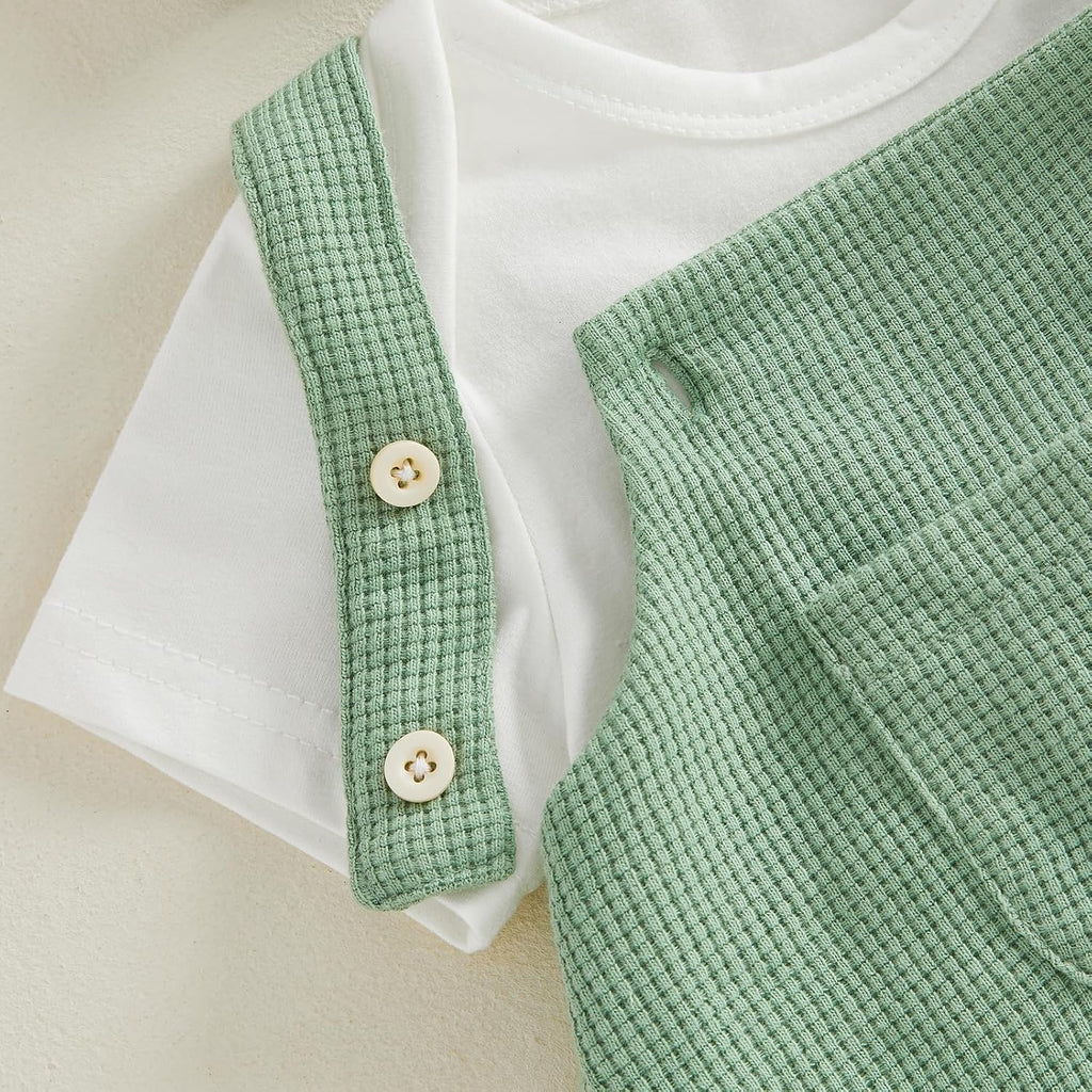 Newborn Baby Boy Clothes Summer Outfit Solid Color Short Sleeve Romper Waffle Suspender Shorts Overall Set 3Pcs
