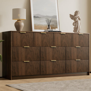Walnut 10 Drawer Dresser, 63" Wide Fluted Wood Dresser