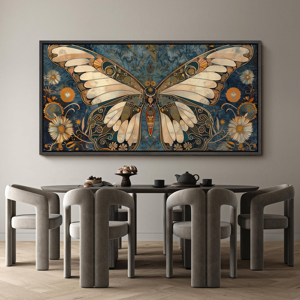 Extra Large Framed Canvas Ornate Butterfly and Flowers Vintage Style Illustrations Modern Art Calm Warm - 60"" x30