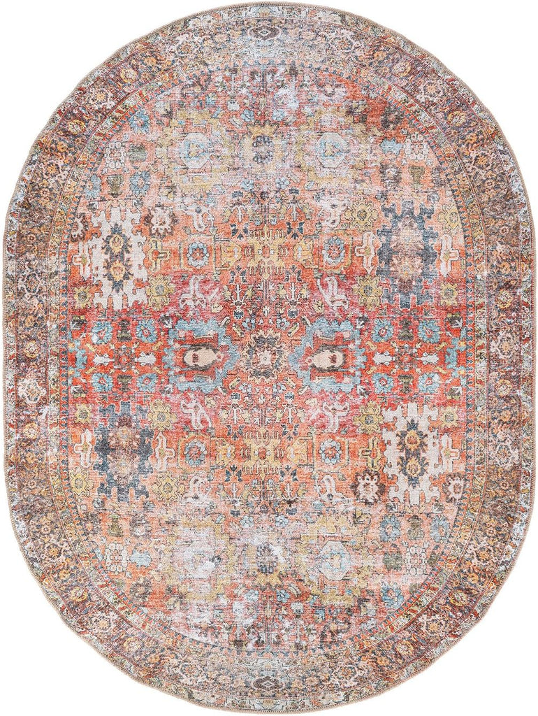 Machine Washable Distressed Transitional Oval Rug Multi 5' x 7'