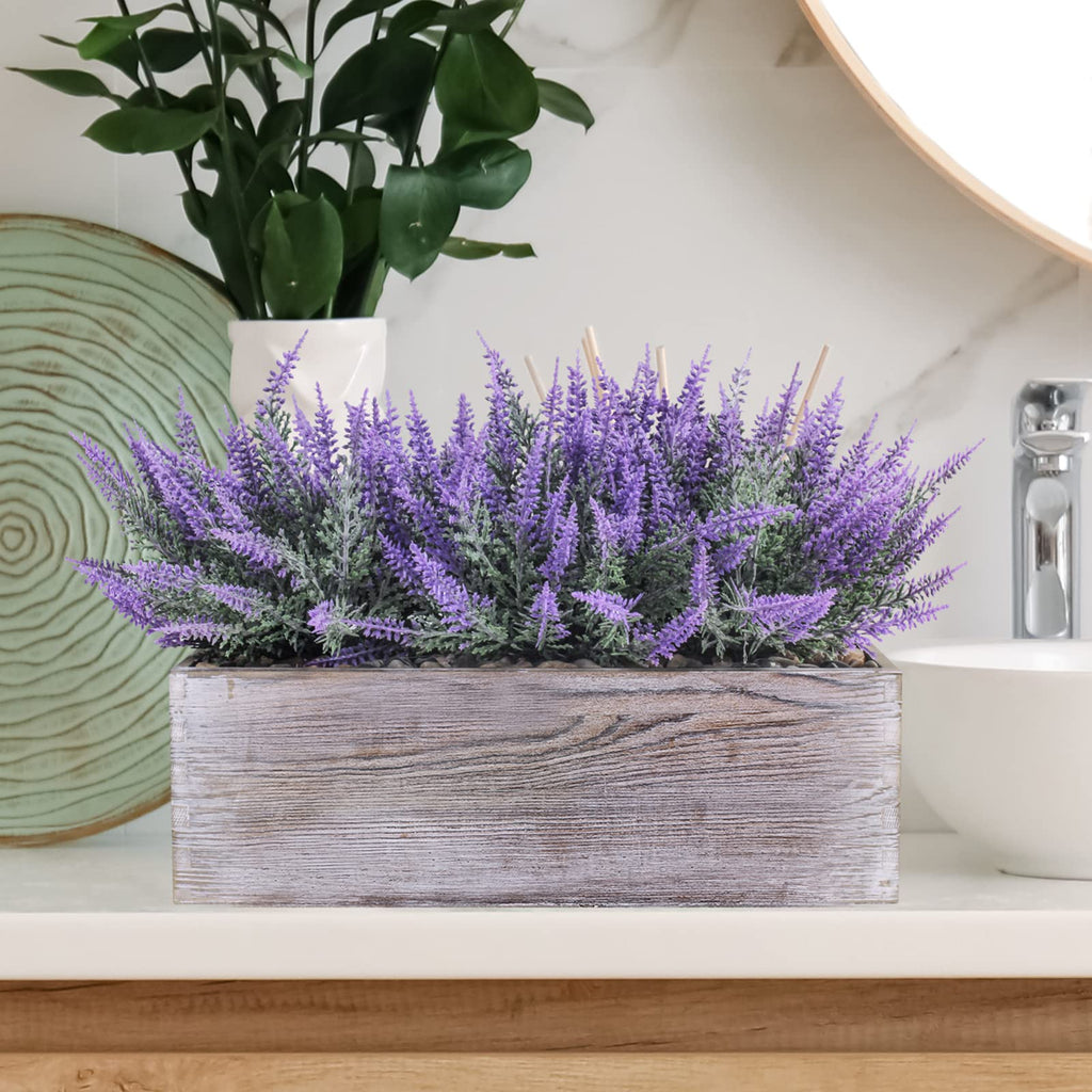 Fake Lavender Flower Arrangement in Rustic Rectangular Wood Planter Box Artificial Potted Lavender Plant for Gifts