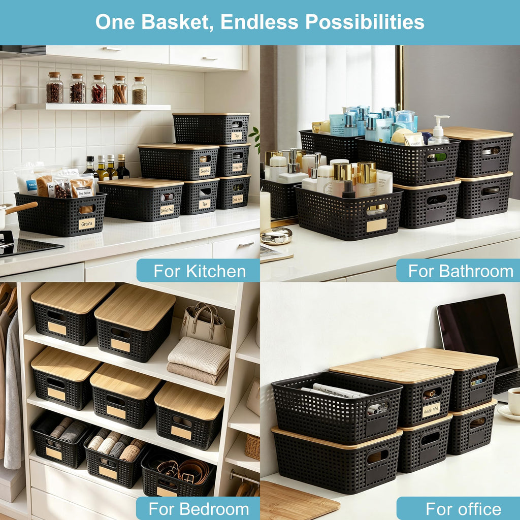 Small Plastic Storage Bins with Bamboo Lids 5.2qt Stackable Box Basket Pantry Decorative Containers Cute with Lable