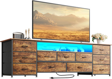 70 Inch TV Stand for 75, 80 Inch TV, 11 Drawer Long Dresser with Power Outlets and LED Lights, Entertainment Center