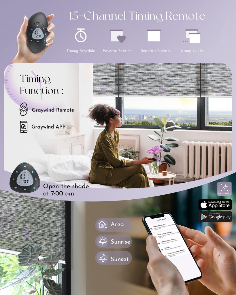 Motorized Natural Woven Roller Shades Half-Shading Compatible with Alexa Google Rechargeable Cordless Remote Control
