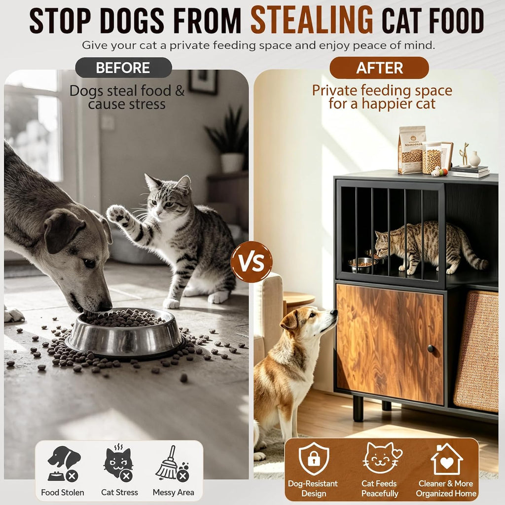 Dog Proof Cat Feeding Station with Storage Cabinet, 2 Raised Stainless Steel Bowls, Elevated Cat Feeding Station