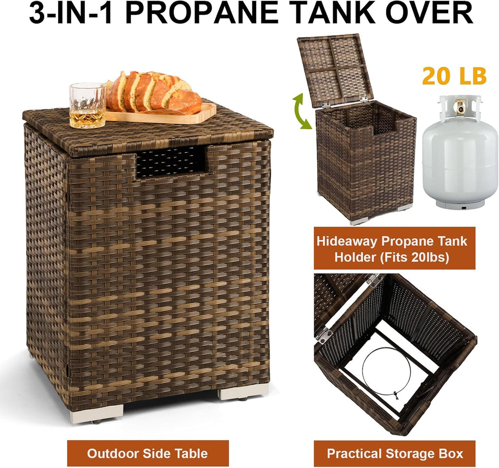 32'' Rattan Wicker Propane Fire Pit Table w/Tank Holder Rectangle | Handmade 2-Piece Wicker Fire Table for Outside