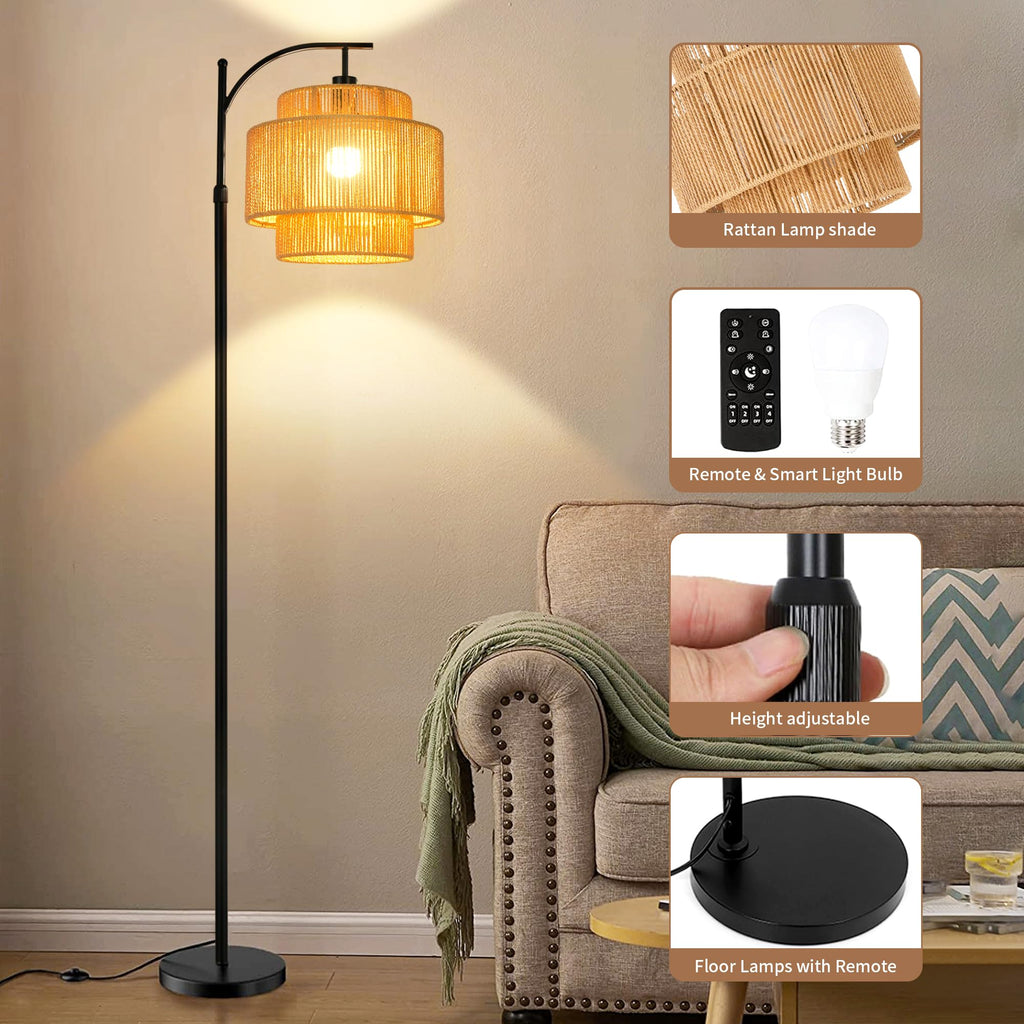 Rattan Floor Lamp Bedroom Boho Arc Standing Lamp with Remote Dimmable Black Farmhouse Wicker Bamboo Lamp Shade Floor