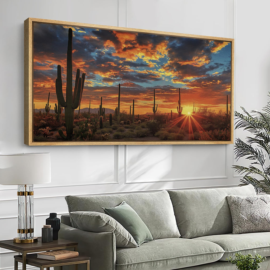 Extra Large Framed Canvas Print Wall Art Desert Sunset Illustrations Modern Art Calm Warm - 60"x30"