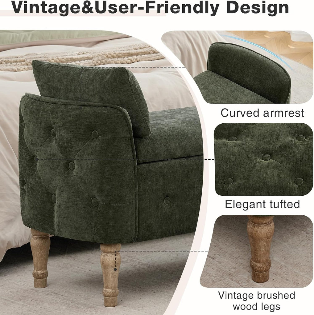 67"End of Bed Storage Bench King Size,Upholstered Bedroom Bench,Green | Linen Storage Bench End of Bed ,2 Cushion
