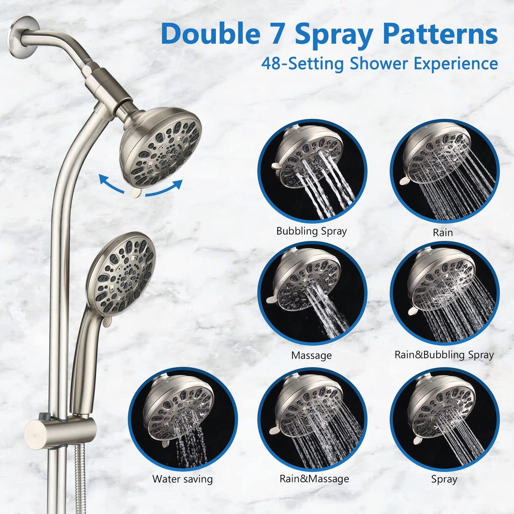 High Pressure 48-Settings Shower Head with Handheld Shower,Drill-Free 3-Way Diverter for Easy Reach,Adjustable Height