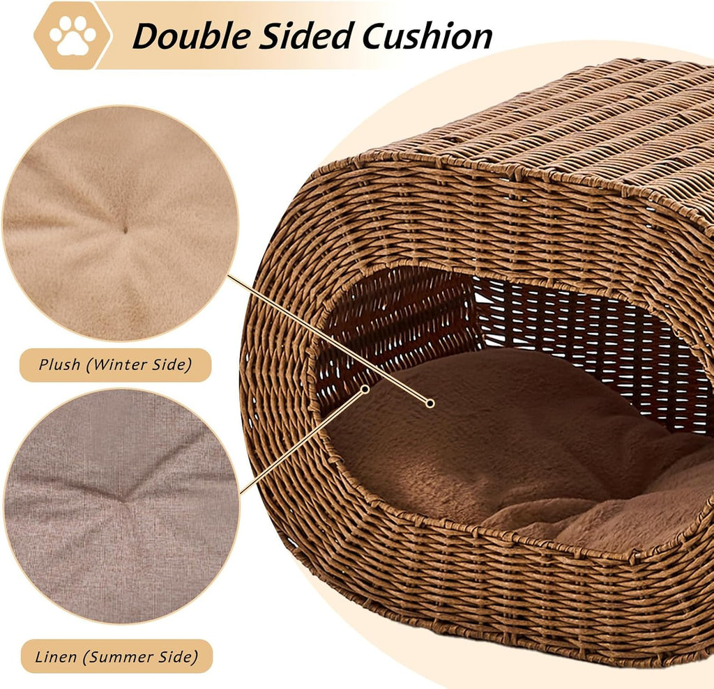 Cat House, Handwoven Cat Cave Pet Cube, Rattan Cat Beds Indoor Kitten House with Double-Sided Soft Cushions, Pet Cat