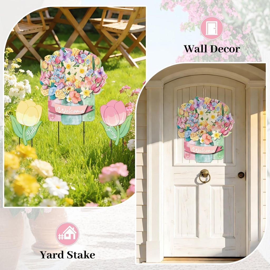 3Pcs Hello Spring Welcome Flower Yard Stakes Metal Floral Outdoor Decor, 2-in-1 Decorative Tulip Flower Sign for