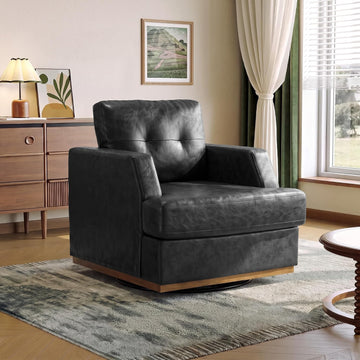Swivel Accent Chair, 360° Rotatable Square Barrel Chair, Comfy Deep Seat Leather Upholstered Living Room Chairs