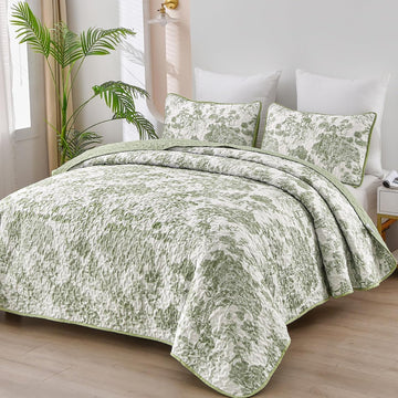 Botanical Quilt Set, Sage Green 3 Pieces Floral Plants Printed Bedspread Bedding Set Soft Lightweight