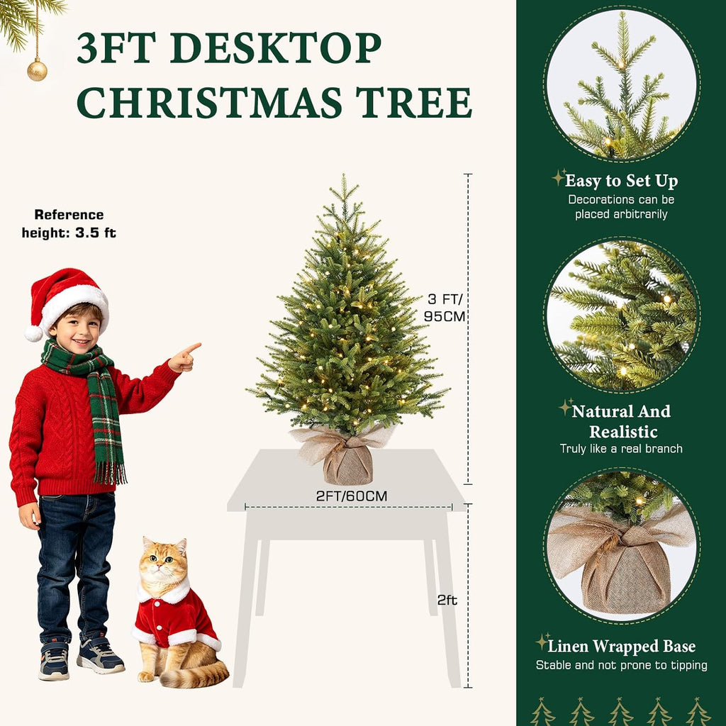 3ft Prelit Artificial Mini Christmas Tree for Tabletop Desk Decor