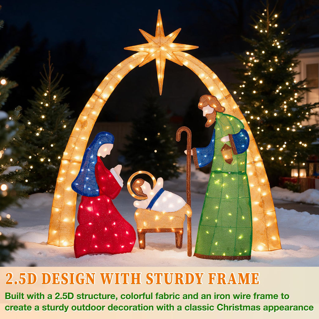 5.5 FT 2.5D Lighted Nativity Scene Outdoor Christmas Decoration, 210 Warm White LEDs Stained Glass Style Fabric