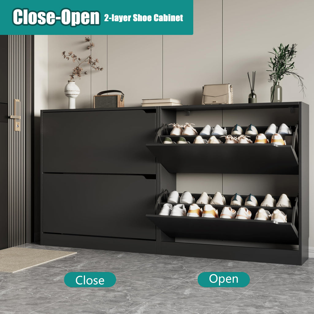 Shoe Storage Cabinet with 2 Flip Drawers, Wood Freestanding Hidden Shoe Storage, Sturdy Narrow Slim Shoe Organizer