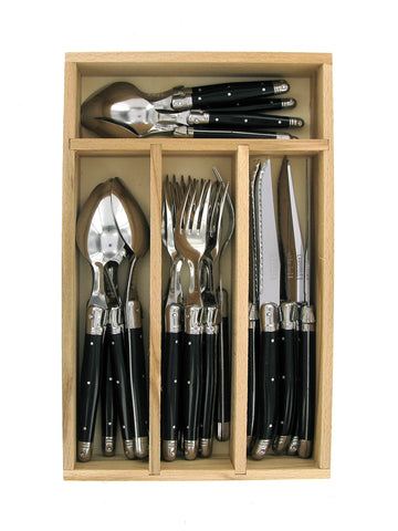Laguiole Debutant 24 Piece Flatware Set, Steak Knives, Forks, Soup Spoons, Teaspoons, Black, Made In France...