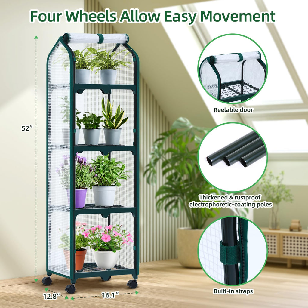 Mini Greenhouse for Indoor Outdoor, Small Plastic Plant Green House with Locking Wheels Portable Greenhouses with