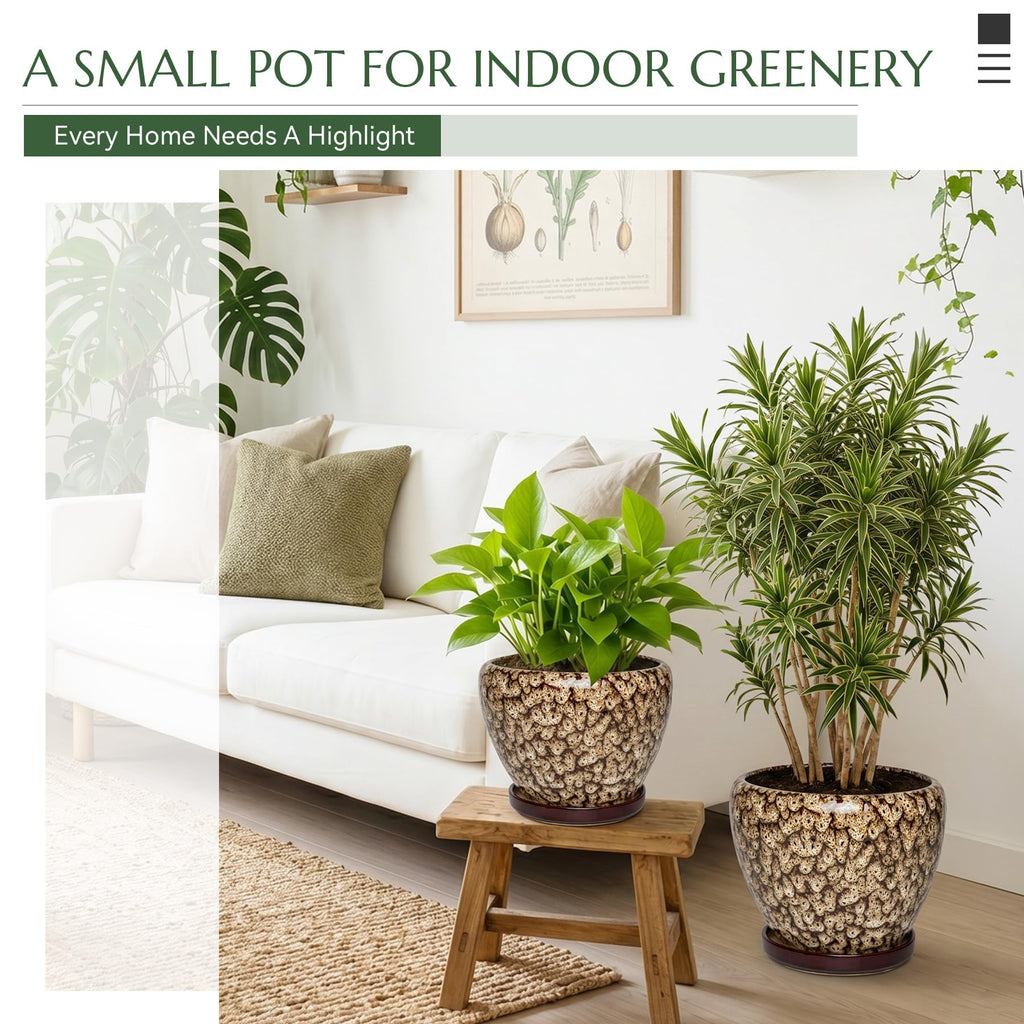 8.7 Inch Ceramic Planter with Saucer, Round Plant Pot for Indoor Outdoor Plants (Speckled White)