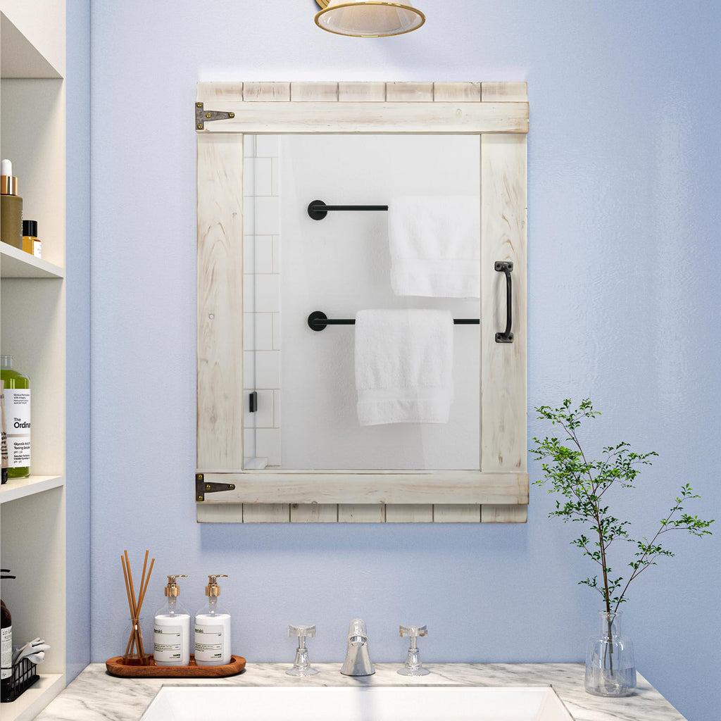 Farmhouse Mirror, 24x32 Inch Distressed White Wood Frame with Black Metal Hinges, Rustic Wall Mirror
