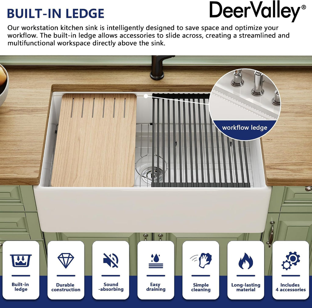 Farmhouse Kitchen Sink Workstation 33 inch White Fireclay Apron Front Farm Sinks Single Bowl Deep Drop-in Undermount