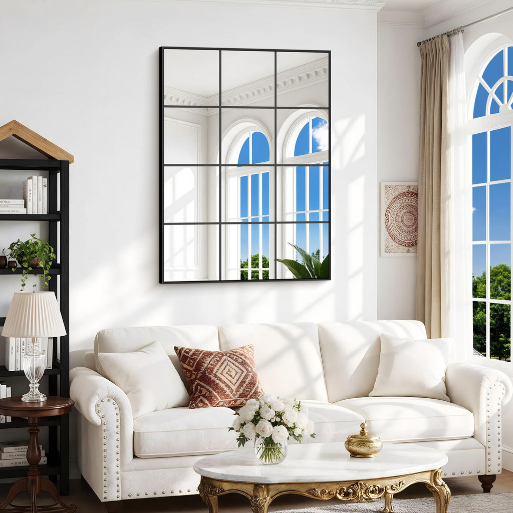Rectangle Mirror Wall Mounted, 36"x48" Window Pane Mirror Wall Decor Metal Framed, Large Black Mirror Living Room