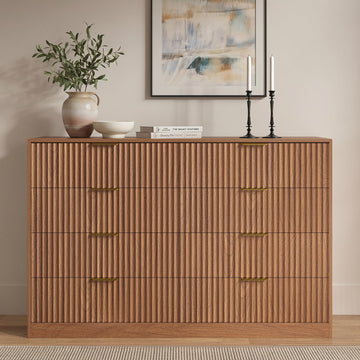 8 Drawer Dresser, 55" Wide Fluted Chest of Drawers with Gold Metal Handles, Modern Wooden Dresser, Closet Storage