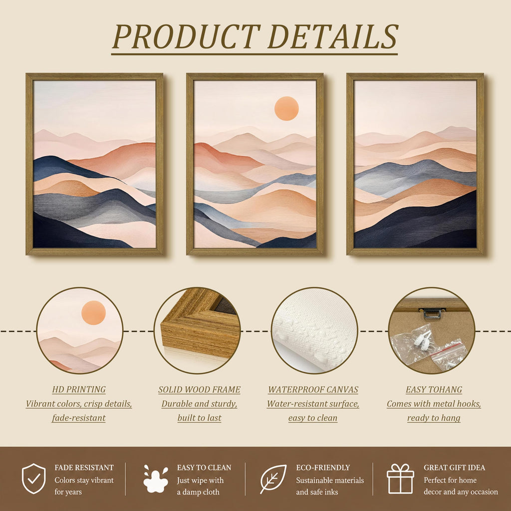 Vintage Abstract Mountain Wall Art Set of 3 Canvas, Neutral Desert Landscape Framed Poster, Retro Boho Painting for
