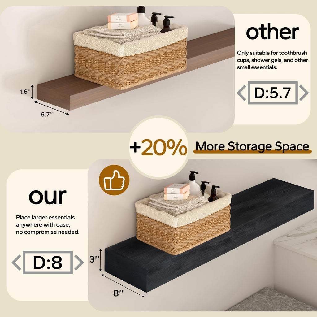 Floating Shelves 3 inch Thick for Wall Set of 2, Solid Pine Wood Wall Mount Shelf Living Room Bedroom Bathroom, 8" D x