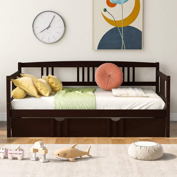Twin Wood Daybed with Rails, Twin Bed Wooden Slats Support Modern Living Daybed with Trundle Bed, Espresso