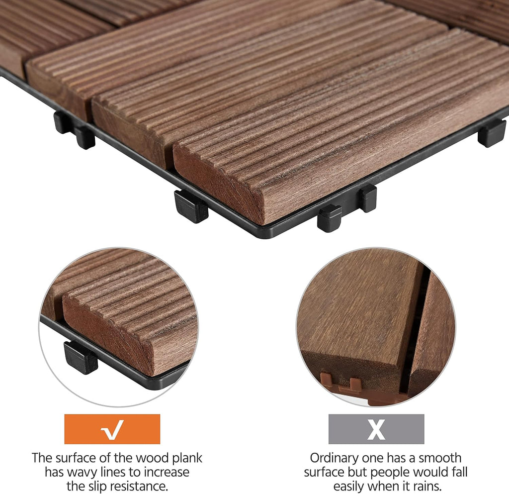 27PCS Wooden Decking Tiles 12 x 12in Hardwood Interlocking Patio Deck Tiles Composite Balcony Floor Covering for