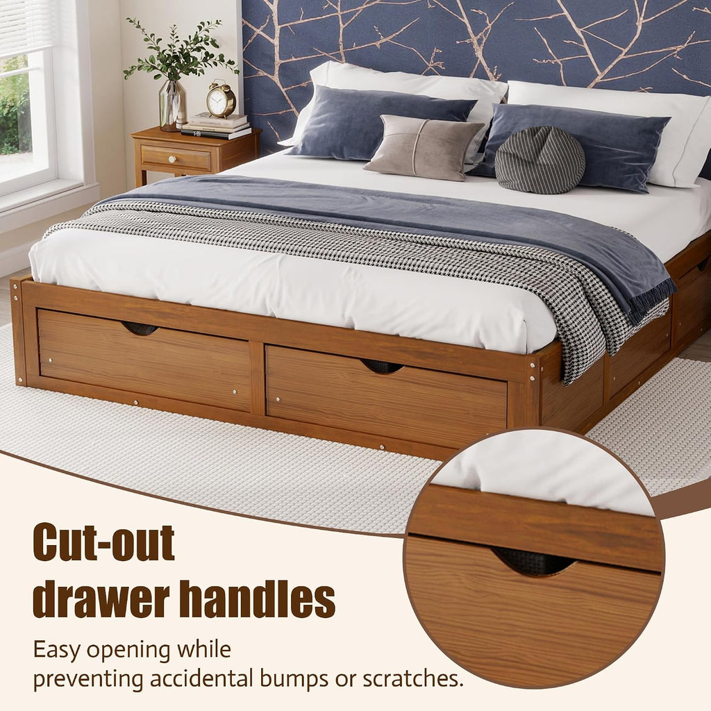 Solid Wood Floor King Bed Frame with Storage Drawers No Headboard(Walnut)