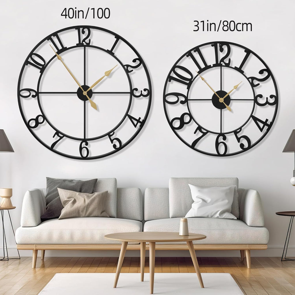 31 Inch Extra Large Wall Clock, Retro Decorative Oversized Silent Little Ticking Battery Operated,Black Metal