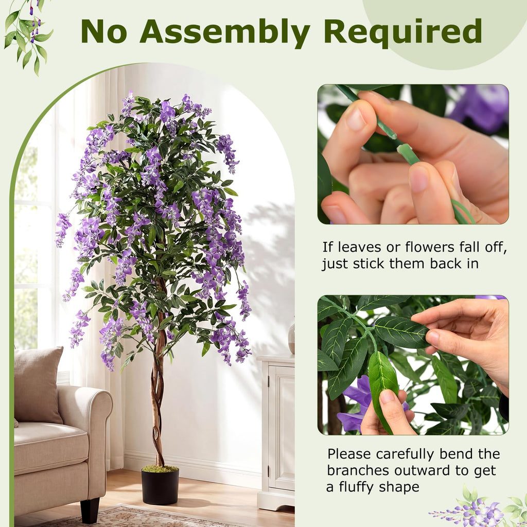 6FT Ficus Artificial Tree, 2 Pack Faux Wisteria Tree Pot with Purple Lifelike Flowers, Fake Potted Tree Greenery