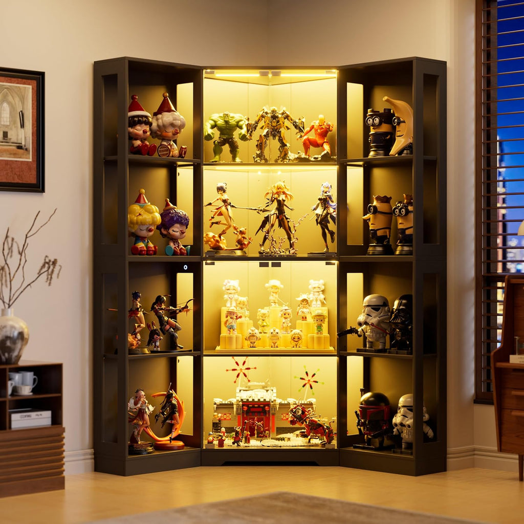 Corner Display Curio Cabinet with Glass Doors,65" Lighted Collectibles Showcase with 3 Color LED Lights,4-Tier