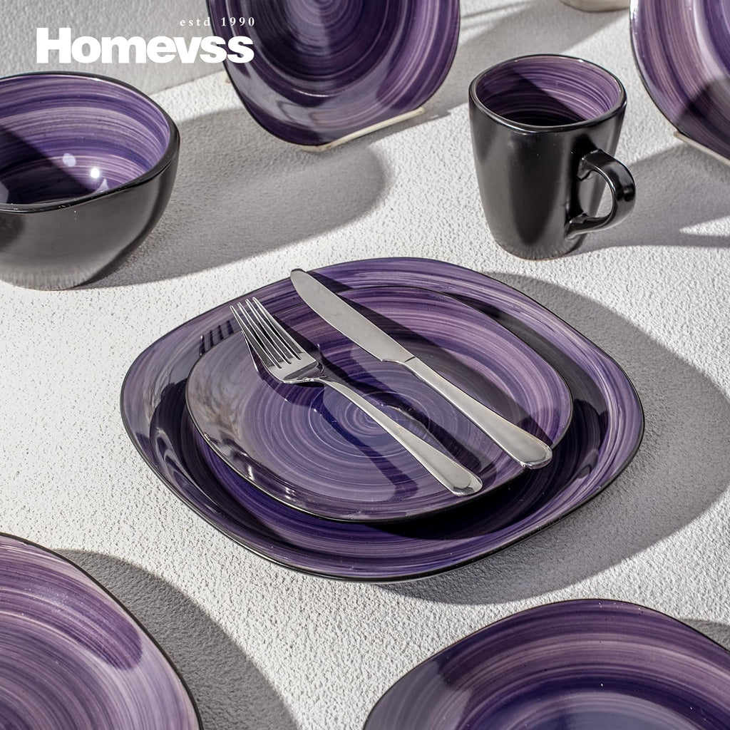 16-Piece Square Dinnerware Set - Serves 4, Inside Spinwash Swirl Purple + Outside Black Plates & Bowls Set