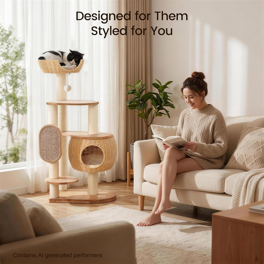 Modern Cat Tree, Cat Tower with Scratching Post, Handwoven Pumpkin Nests and Baskets, Sisal Blanket